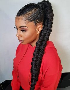 Braided And Ponytail Hairstyles, Bubble Ponytail Pigtails, Braided Ponytail With Cornrows, Long Pony Braid, Vacation Ponytails, Pixie Mohawk Faux Hawk, French Braid Ponytail Black Hair, Braided Ponytail With Weave, Two Ponytails With Weave Braids