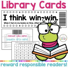 a frog reading a book in front of a library card