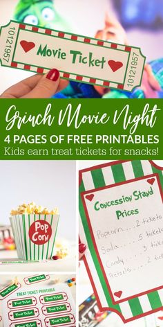 Grinch Movie Night Printables The Grinch Movie Night, Grinch Movie Night, Grinch Night, Grinchmas Party, Reward Tickets, Festive Snacks, Grinch Movie, Movie Night At Home