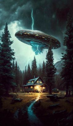 an alien flying over a house in the woods with lightning coming from it's roof