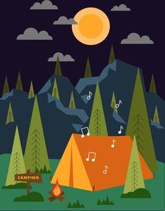 an orange tent with music notes on it in front of trees and mountains at night