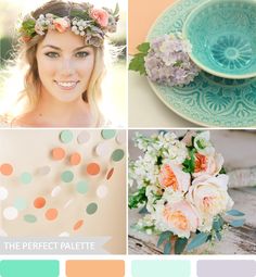 a collage of photos with flowers, plates and polka dots on the bottom right