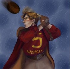 a drawing of a man with a football in his hand and rain falling down on him