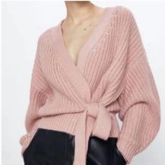 Zara Cropped Balloon Sleeve Belted Pink Cardigan - Blogger's Favorite New Without Tag! Never Worn Size: S Super Cute, Sold Out Blogger's Favorite Zara Chunky Knit, Cropped Cardigan/Sweater With Balloon Sleeves And Self-Tie Belt. Blush Pink/Dusty Rose Color. Can Be Worn Off The Shoulder Or On. Super Soft And Perfect For The Fall! Feminine Long Sleeve Winter Cardigan, Feminine Knit Long Sleeve Outerwear, Feminine V-neck Fall Outerwear, Feminine V-neck Outerwear For Fall, Feminine Fall V-neck Outerwear, Feminine Winter Sweater For Day Out, Feminine Sweater For Winter Day Out, Feminine Sweater For Day Out In Winter, Chic Pink V-neck Cardigan