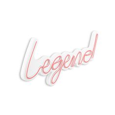 the word legend written in neon pink and white lettering on a white background with an orange outline