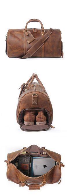 Vintage Crazy Horse Leather Duffle Bag Travel Bag with Shoes Compartment Rugged Leather Duffle Bag, Rugged Leather Bags For Outdoor, Casual Leather Bag With Leather Patch, Casual Leather Travel Bag For Outdoor, Leather Travel Bag With Leather Patch, Rugged Leather Duffle Bag For Everyday, Casual Leather Duffle Bag With Leather Trim, Casual Leather Weekender Bag With Leather Trim, Casual Brown Leather Travel Bag