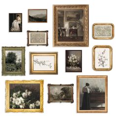 an assortment of framed paintings on the wall