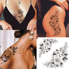 four different tattoos on the back of women's body and one with flowers in it