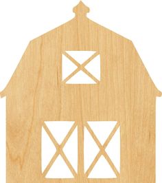 a wooden cutout of a barn with three doors and two windows on each side