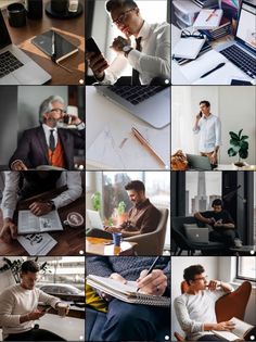 a collage of photos with men working on laptops and other things in front of them