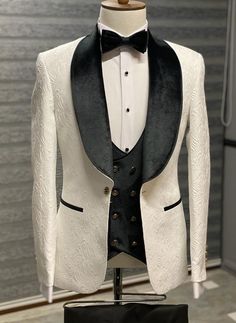 GentWith Empire Black & White Slim Fit Velvet Shawl Lapel Wool Tuxedo Black Tuxedo Suit, Tuxedo Colors, Velvet Shawl, Pants Gift, Black Shawl, Groom Tuxedo, Slim Fit Tuxedo, White Tuxedo, Plaid Suit