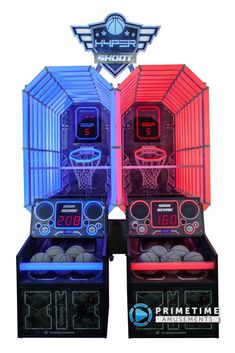 two arcade machines with basketballs in them and the words prime time written on it