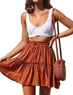 Short Summer Skirts, Ruffled Mini Skirt, Mini Skater Skirt, Brown Skirt, Ruffle Mini Skirt, Skirt Denim, Half Skirt, Beach Skirt, Boho Skirts