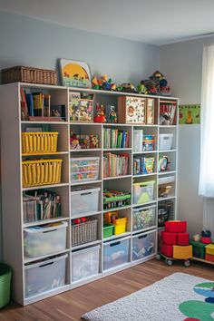 a child's playroom with lots of toys and bookshelves on the wall