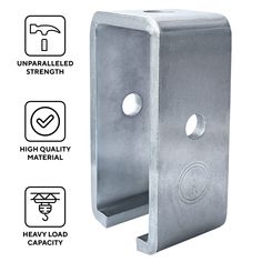 an aluminum box with two holes and three screws on each side, labeled unparallated strength high quality material heavy load capacity capacity capacity capacity