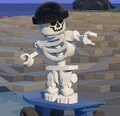 an animated skeleton riding a skateboard on the beach