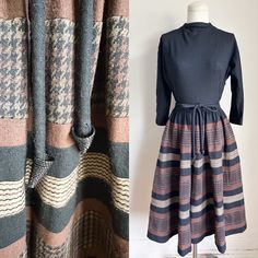 "Vintage wool crepe dress with attached sash belt. Unlined.  Era✦ 1950s Material✦ wool  Closure✦ side metal zipper  Condition✦ excellent vintage with no flaws.  (cleaned & comes from a smoke-free home) ✂Measurements: Please do not go by its original tag size. Always go by the measurements listed below!!taken flat and doubled. Fits like women's XS.  neck to cuff: 21\" bust: 32\"  waist: 23\" - 24\"   hips: open bodice: 15\"  length: 42\" ★ALL SALES ARE FINAL★ There will be no returns or exchanges Vintage Belted Dress For Fall, Fall Vintage Belted Dress, Vintage Belted Dresses For Fall, Pastel Kitchen, Wool Crepe, Sash Belt, Henley Top, Dec 1, Crepe Dress