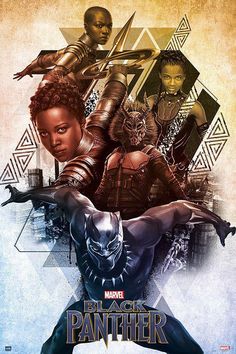 the poster for black panther is shown in front of an image of two women and one man