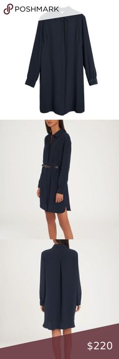 Cuyana Silk Shirt Dress - Navy, Size S, NWT NWT  For 9-5 and beyond, turn to Cuyana's Silk Shirt Dress. Cut in a straight and easy silhouette, the pure silk construction lends instant sophistication while the Torchon lace detailing along the cuffs adds textured appeal. Finished with a concealed button placket and black grosgrain detailing, side seam pockets and classic shirttail hem that hits above the knee, this definitive wardrobe staple transitions effortlessly from desk to dinner. Cuyana Dre Long Sleeve Shirt Dress For Business, Elegant Blue Shirt Dress With Spread Collar, Elegant Navy Shirt Dress For Spring, Classic Blue Shirt Dress For Formal Occasions, Casual Button-up Business Dress, Navy Button-up Dress For Work, Navy Button-up Workwear Dress, Casual Button-up Dress For Business, Navy Long Sleeve Workwear Dress