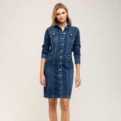 A classic fitted denim dress. Buttoned style with two regular pockets on the chest and seam details to create the perfect silhouette. The midi lenght makes it perfect for every day and more casual occasions 74% Cotton 24% Polyester 2% Viscose 2% Elasthane Wash Machine  30º ,  Press Medium  Temperature, Do  not  use spin-dry, Do not Bleach Fitted Button-up Midi Dress With Pockets, Denim Blue Knee-length Dress With Buttoned Pockets, Elegant Denim Dress With Button Closure For Work, Denim Blue Workwear Dress With Buttoned Pockets, Dark Wash Midi Dress With Pockets, Elegant Button-up Denim Dress With Pockets, Dark Wash Midi Denim Dress With Pockets, Classic Denim Dress For Work With Button Closure, Classic Denim Dress For Workwear In Spring