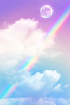 a rainbow in the sky with clouds and a full moon