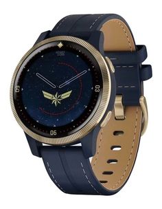 an image of a smart watch with blue leather band and gold accents on the face