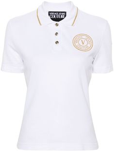 white cotton piqué weave polo collar embroidered logo at the chest short sleeves straight hem short front button fastening Yoko London, Polo Top, City Dress, Versace Jeans Couture, Summer Beach Wear, Versace Jeans, Ski Wear, Polo Collar, Lady Dior