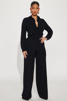 Available In Black, Mocha, And Chartreuse. Jumpsuit Collar Long Sleeve Button Up Wide Leg Non Stretch Inseam= 34" 100% Polyester Imported | Makenzie Jumpsuit in Black size Small by Fashion Nova Black Formal Women Outfit, Birthday Outfit Jumpsuit, All Black Semi Formal Women, Long Sleeve Work Outfit, Graduation Fits For Black Women, Black Semi Formal Outfits For Women, Jumpsuit For Graduation, Family Dinner Outfit Classy, Black Button Down Outfit