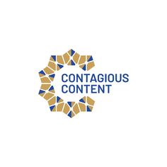 the contagious content logo is shown in blue, yellow and orange colors on a white background