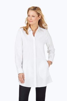 Flow through board meetings and all-day travel with this flattering non-iron tunic. This no-maintenance tunic places pockets on its angled seams and shapes the hem for a polished finish. White Tunic, Blouse Nordstrom, Tunic Shirt, Tunic Blouse, Sleeves (women), Long Sleeve Tunic, Wrinkle Free, Tunics, Chambray