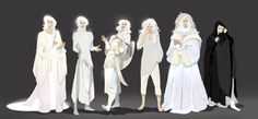 an animated group of people standing next to each other in white robes and long hair