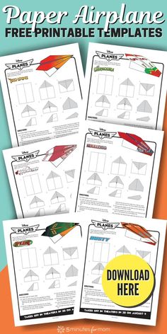 Six different paper airplane templates for Disney Planes. Words on image say "Paper Airplane Free Printable Templates" and "Download Here". Different Types Of Paper Airplanes, Paper Airplane Folding Template, Types Of Paper Airplanes, Paper Airplane Activities For Kids, Paper Airplane Printable Templates, Paper Airplane Activities, How To Fold Paper Airplanes For Kids, How To Fold An Airplane, Paper Plane Template Free Printable