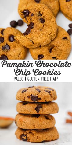 pumpkin chocolate chip cookies are stacked on top of each other with the title above it