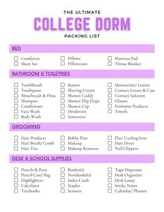 the ultimate college dorm packing list is shown in purple and white with pink lettering on it