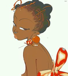 a drawing of a woman with an orange bow around her neck and ear rings on