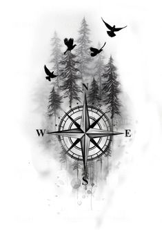 a compass with birds flying around it and trees in the background on a white paper