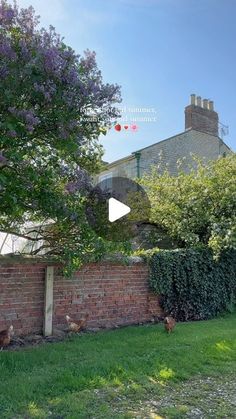 an image of a brick wall in front of a house with chickens on the lawn