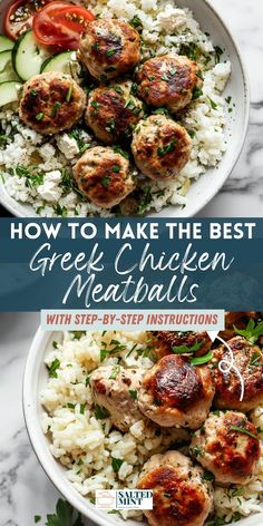 two bowls filled with meatballs and rice on top of a marble countertop next to cucumbers