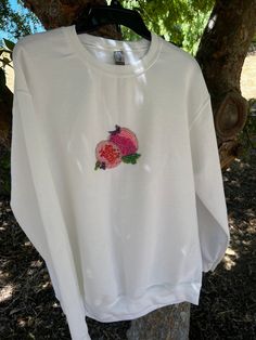 Hand beaded pomegranate on a sweater shirt pullover Beaded Pomegranate, Beaded Sweatshirt, Bead Sewing, Embroidery Sweatshirt, Art Textile, Bead Embroidery, Hand Beading, Embroidery Art, Beaded Embroidery