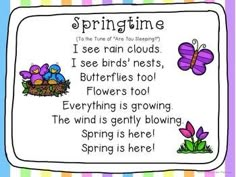 a spring poem with flowers and butterflies in the background on a blue, green, pink, yellow and white striped frame