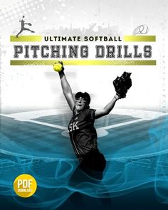 the ultimate softball pitching drills dvd is in front of a blue and white background with an image of a baseball player catching a ball