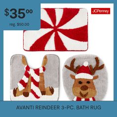 two bathroom rugs with reindeer and candy cane designs on them for $ 35 00