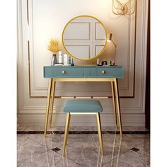 a dressing table with a mirror and stool