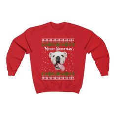 a red sweatshirt with an image of a dog wearing a santa hat and merry christmas sweater