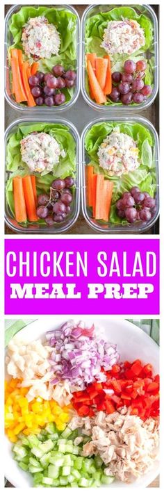 chicken salad with lettuce, carrots and grapes in plastic containers