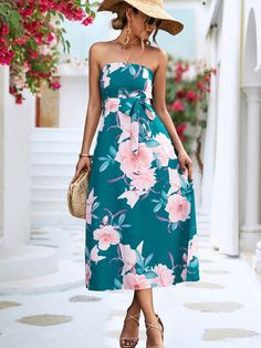 F00182058-204 Spring Strapless Maxi Dress, Green Strapless Floral Print Midi Dress, Strapless Green Midi Dress With Floral Print, Strapless Green Floral Print Midi Dress, Casual Strapless Maxi Dress For Garden Party, Casual Strapless Floral Print Dress, Casual Strapless Dress With Floral Print For Day Out, Casual Strapless Maxi Dress For Spring, Casual Strapless Dress For Garden Party