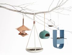 three bird feeders hanging from a tree branch in front of a white background with the letter u on it