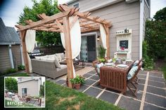 an outdoor patio with a table and chairs next to a house that has a grill on it