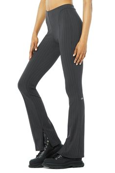 Switch up your go-to silhouette with the High-Waist Pinstripe Zip It Flare Legging, made with our sculpting, breathable interlock fabric. It has a skinny waistband and invisible zippers at inside legs, so you can customize your flare. Soft & breathable interlock fabric Designed & uniquely fit to flatter every size Wear-tested by our in-house team for the perfect fit Alo Yoga® | High-Waist Pinstripe Zip It Flare Legging in Anthracite/Black, Size: Small Flare Legging, Athleisure Wear, Back Women, Dark Fashion, Alo Yoga, Invisible Zipper, Bra Tops, Fabric Design, Active Wear