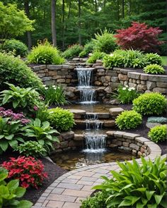 a small waterfall in the middle of a garden